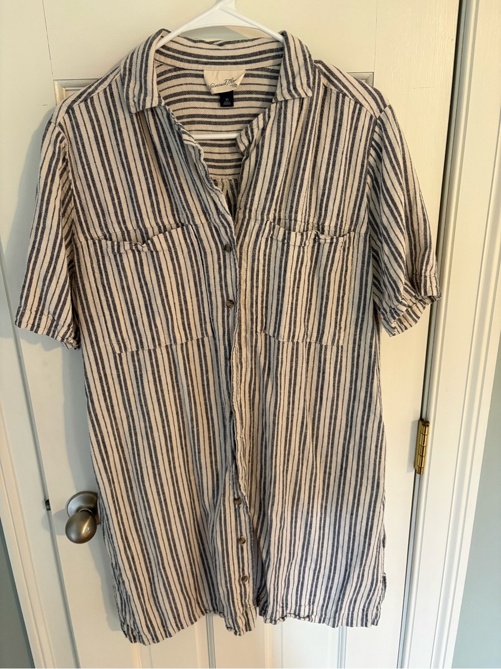 Universal Thread Striped Button Front Shirt Dress Blue Cream Pockets XS